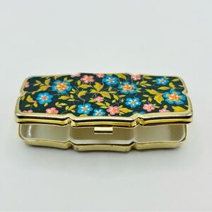 Vintage Floral Multicolored Pill Box Gold Tone